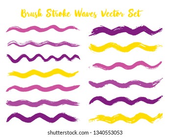 Colorful brush stroke waves vector set. Hand drawn violet yellow brushstrokes, ink splashes, watercolor splats, hand painted curls. Interior colors scheme swatches. Textured waves, stripes design.