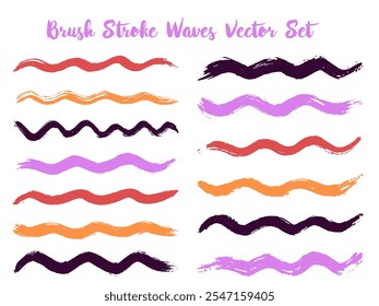 Conjunto de vetor de ondas de traçado de pincel colorido. Pinceladas pretas violeta desenhadas à mão, respingos de tinta, respingos de aquarela, currais pintados à mão. Combinações de elementos de catálogo de cores. Conjunto de vetores de faixas onduladas.