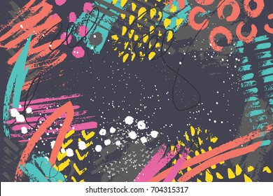 Colorful brush strokes background with dots, splashes,circles,lines. In creative modern style. For postcard, flyer, sale cards, etc