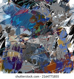 Colorful brush strokes, hatches and doodle lines seamless pattern. Trendy spotted dirty vector background. Grunge repeat rough backdrop. Textured hand drawn ornament with hatching, doodles, strokes.
