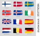 Colorful brush strokes painted european countries flags icons set. Painted texture.
