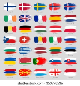 Colorful brush strokes painted european countries flags icons set. Painted texture.