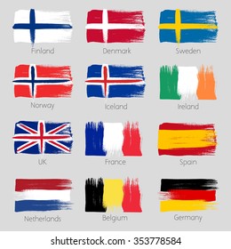 Colorful brush strokes painted european countries flags icons set. Painted texture.