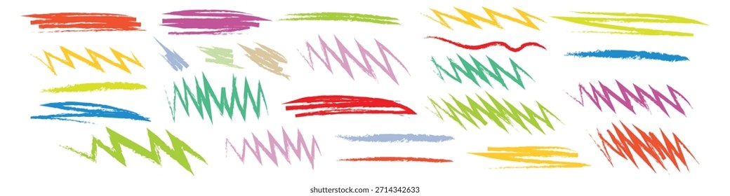 Pinceladas de colores y líneas en zigzag icono conjunto Vector. Marcadores de luz brutos multicolores, trazos de tiza. Dibujado a mano crayón en varias líneas, espirales y garabatos símbolo. Ilustración vectorial.