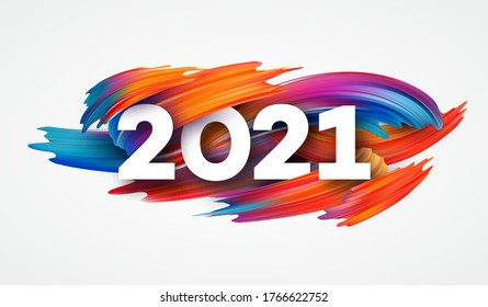 Colorful Brushstroke paint lettering calligraphy of 2021 Happy New Year background. Vector illustration EPS10