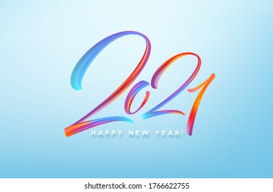 Colorful Brushstroke paint lettering calligraphy of 2021 Happy New Year background. Vector illustration EPS10