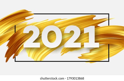 Colorful Brushstroke paint lettering calligraphy of 2021 Happy New Year background. Color flow background. Vector illustration EPS10