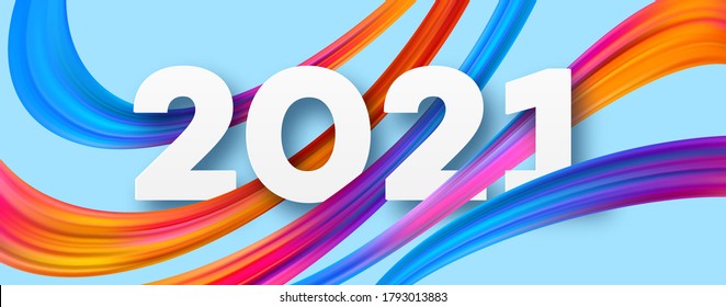 Colorful Brushstroke paint lettering calligraphy of 2021 Happy New Year background. Color flow background. Vector illustration EPS10