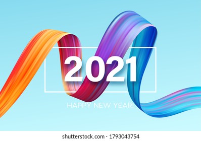 Colorful Brushstroke paint lettering calligraphy of 2021 Happy New Year background. Color flow background. Vector illustration EPS10