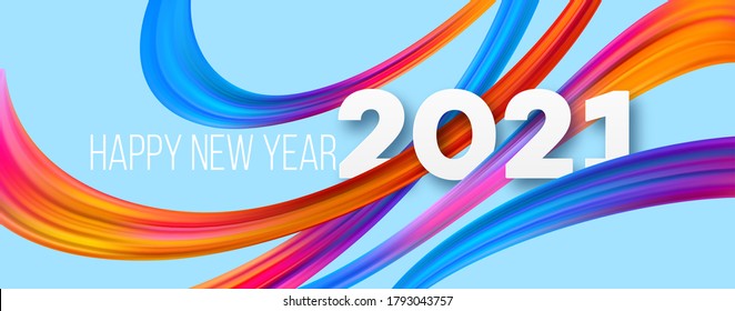 Colorful Brushstroke paint lettering calligraphy of 2021 Happy New Year background. Color flow background. Vector illustration EPS10