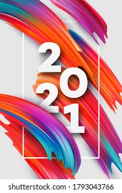 Colorful Brushstroke paint lettering calligraphy of 2021 Happy New Year background. Color flow background. Vector illustration EPS10