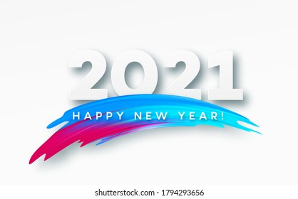 Colorful Brushstroke paint lettering calligraphy of 2021 Happy New Year background. Color flow background. Vector illustration EPS10