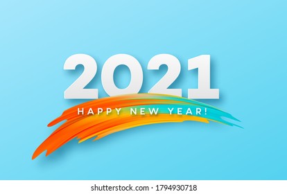 Colorful Brushstroke paint lettering calligraphy of 2021 Happy New Year background. Color flow background. Vector illustration EPS10