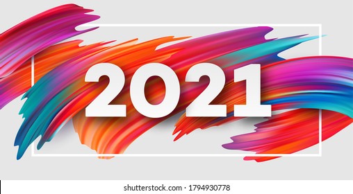 Colorful Brushstroke paint lettering calligraphy of 2021 Happy New Year background. Color flow background. Vector illustration EPS10