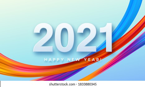 Colorful Brushstroke paint lettering calligraphy of 2021 Happy New Year and Christmas background. Vector illustration EPS10