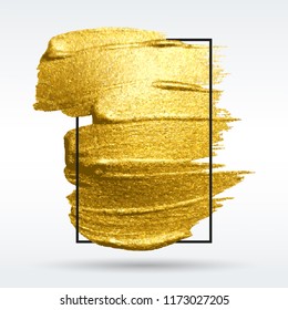Colorful brushstroke. Wite light background. Smear with an artistic brush. Gold grunge texture in a frame. A brilliant festive pattern. Vector abstract image. A high resolution.