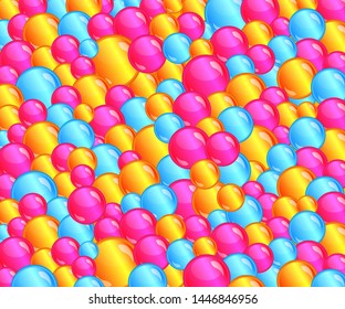 Colorful bubble ball pit background filled with fun pink, yellow, blue bubbles, shiny sphere candy or gumball pattern, bright colored circle shapes in wallpaper for children - vector illustration