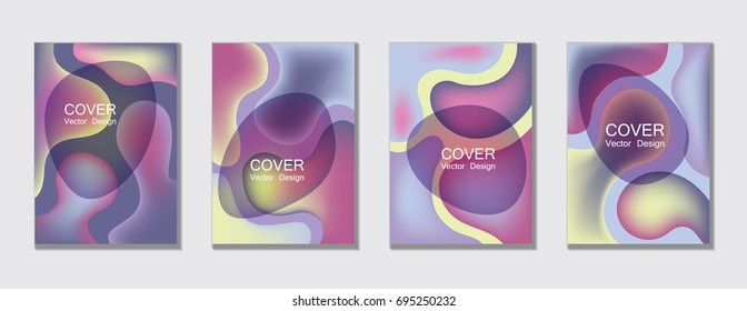 Colorful bubble fluid shapes with gradients covers. Trendy minimal A4 design applicable for gift card, scientific cover, party poster. Futuristic vector layouts. Fluid colors covers backgrounds set.