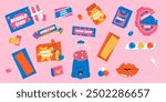 Colorful Bubble gum set. Vibrant Bubble gum chewing candy. Sugar desserts. Flat vector illustration isolated on pink background.