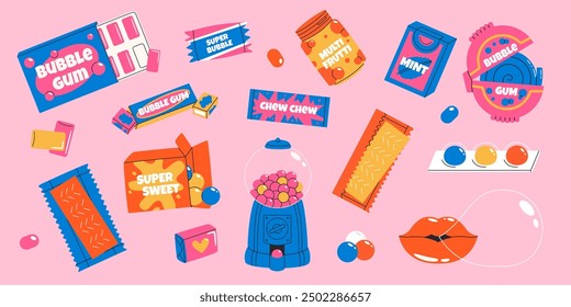 Colorful Bubble gum set. Vibrant Bubble gum chewing candy. Sugar desserts. Flat vector illustration isolated on pink background.