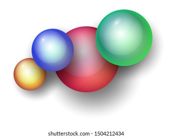 Colorful bubble spheres on white background. Glossy red, green, blue, yellow ball vector. Colored isolated spheres with glares. Concept of chemical, medical, biology, pharmacy.