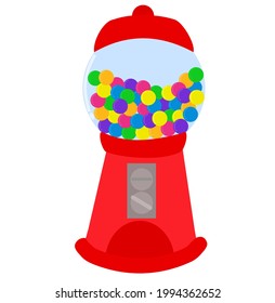 Colorful bubblegum and red gumball machine isolated on white background.Vintage item.Flat design.Sign, symbol, icon or logo isolated.Cartoon vector illustration.Graphic design.