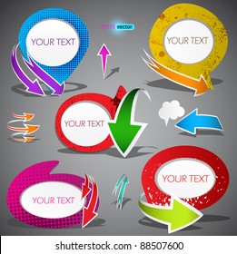 Colorful bubbles with arrows on grey background. Vector illustration