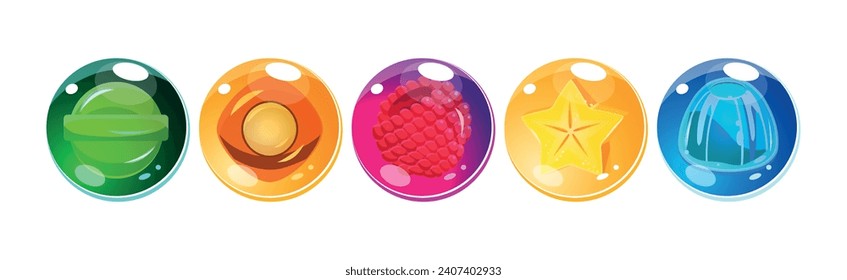 Colorful Bubbles with Candies Inside as Asset for Game Design Vector Set