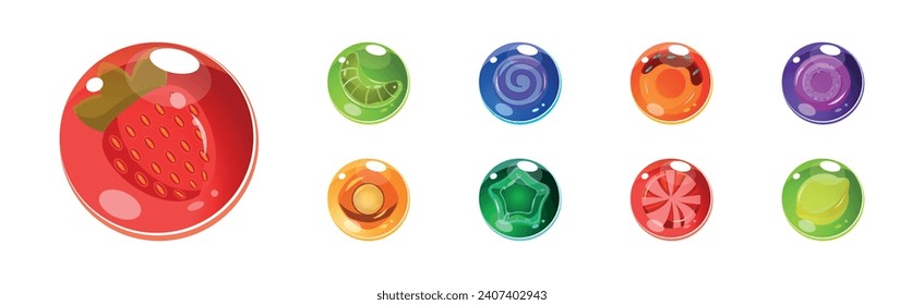 Colorful Bubbles with Candies Inside as Asset for Game Design Vector Set