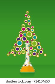 Colorful bubbles coming out of a test tube in a boiling, forming a Christmas tree on a green background