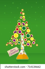 Colorful bubbles coming out of a test tube in a boiling, forming a Christmas tree with a Merry Christmas tag tied to the tube on a green background with stars