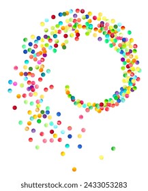Colorful bubbles create a mesmerizing helical pattern on a white background, conveying a sense of whimsical motion and celebration.