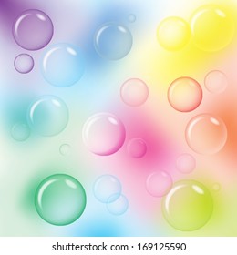 colorful bubbles floating in the air with rainbow background. vector.