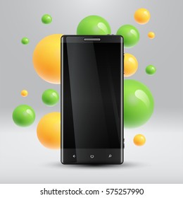 Colorful bubbles floating around a realistic smartphone for business, vector illustration
