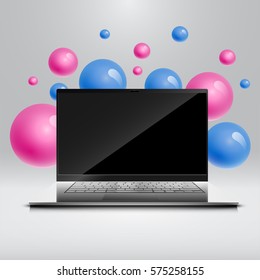 Colorful bubbles floating around a realistic computer/laptop for business, vector illustration
