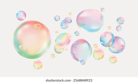 Colorful bubbles floating on a white background. Rainbow bubbles, vibrant and translucent. Bubbles create a playful, dreamy atmosphere. Bubbles in various sizes. Soap bubble element vector set.