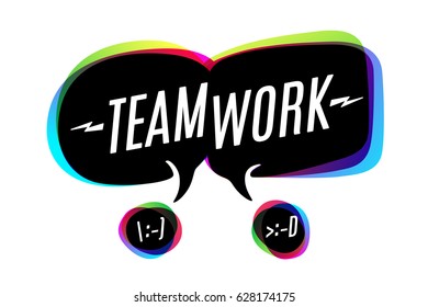 Colorful bubbles, icons or cloud talk with text Teamwork. Bubbles or cloud talk different shapes for business and discussion themes. Vector Illustration