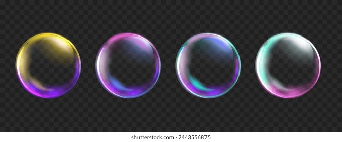 Colorful Bubbles isolated on black background. Realistic transparent neon soap bubble with glares. Shiny bright soapy circles.