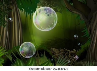 Colorful bubbles in magic forest with many trees and greenery. Vector green background with grass and plants