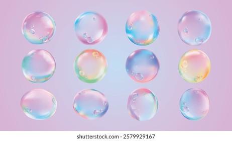 Colorful bubbles on a pink background. Bubbles reflect rainbow hues. Shiny bubbles create a playful, vibrant scene. Bubbles are glossy, enhancing the pink backdrop. Soap bubble element vector set.