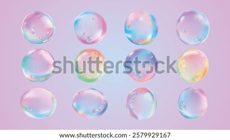 Colorful bubbles on a pink background. Bubbles reflect rainbow hues. Shiny bubbles create a playful, vibrant scene. Bubbles are glossy, enhancing the pink backdrop. Soap bubble element vector set.