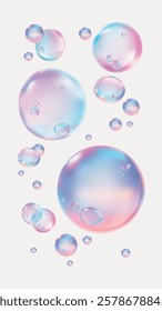 Colorful bubbles in pastel hues float on a white background. The bubbles, in pastel colors, create a dreamy, soft effect. Bubbles and pastel tones dominate the scene. Soap bubble element vector set.