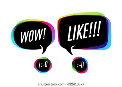 Colorful bubbles with smile icon and cloud talk with text Wow and Like. Bubbles or cloud talk different shapes for web, social network, message and discussion themes. Vector Illustration