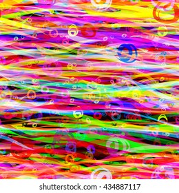 Colorful bubbles and waves. Abstract seamless vector pattern. Handmade wavy lines and circles. Easy editing.