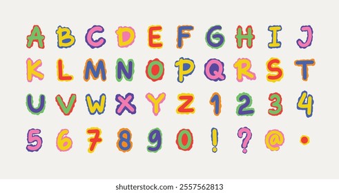 Colorful Bubble-Styled Alphabet and Numbers with Punctuation. A playful and vibrant design suitable for educational materials, creative projects, or children’s media.