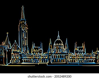 Colorful Budapest Hungary Drawing on black. Well crafted vector sketch für private and commercial use.