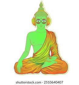  Buda colorido en gafas de arco iris escuchando música con auriculares. Ilustración vectorial. Signo de paz hippie en gafas de sol. Setas psicodélicas. Budismo, música trance. Arte esotérico