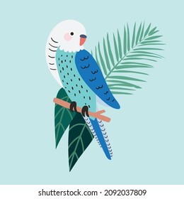 Colorful Budgerigar Parrot Pet Bird  with Tropical Leaves and Palms