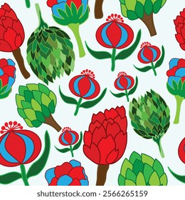 colorful buds, flowers, artichokes seamless pattern. Colorful buds, artichokes, flowers petals seamless pattern. It is suitable for fabric, tiles, decorations, packaging and more.