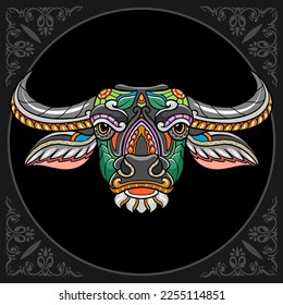 Colorful buffalo head mandala arts isolated on black background